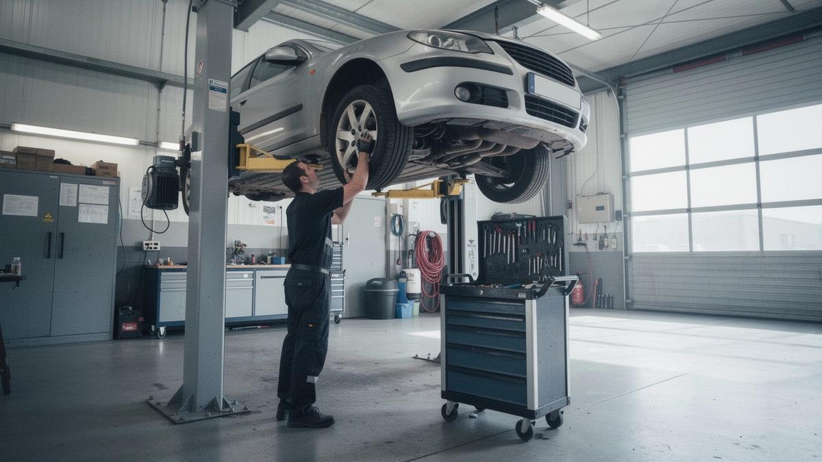 Mechanic inspecting a car on a lift inside a verified network workshop