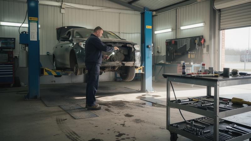 Technician checking a sedan raised on a lift inside a certified partner workshop