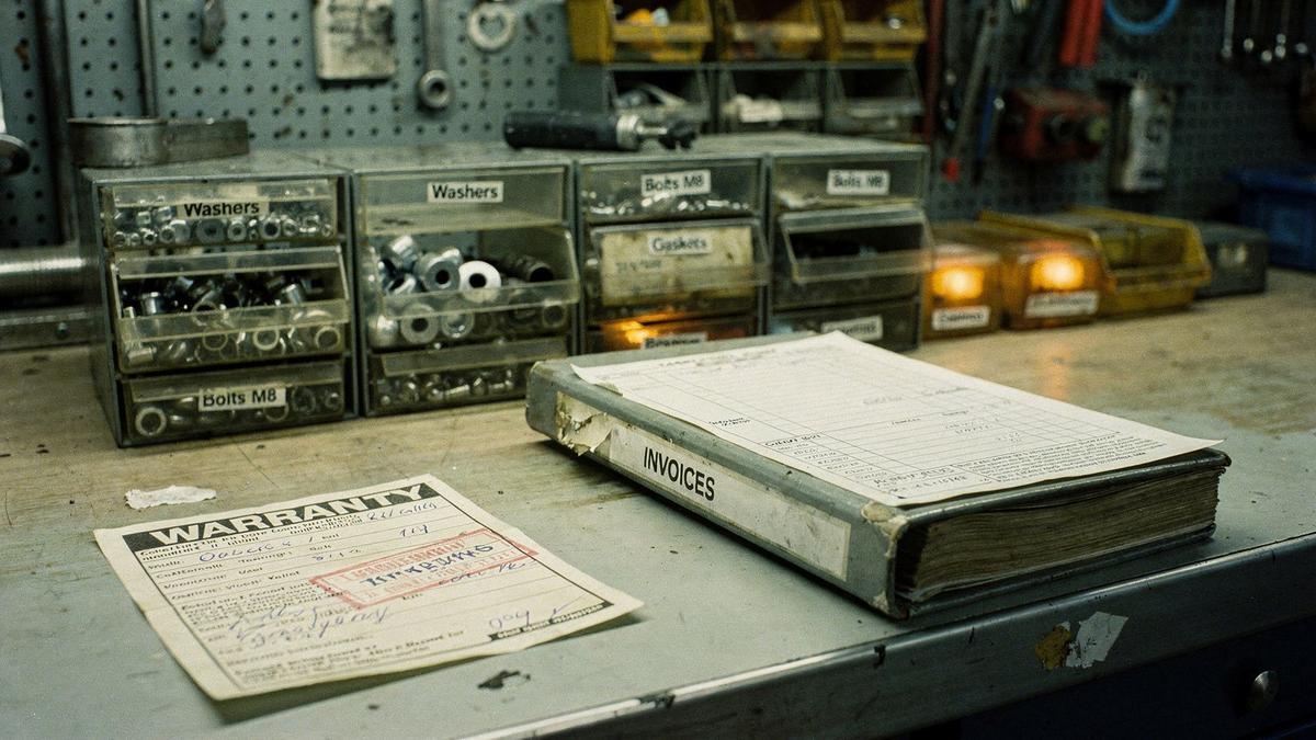 Labelled parts boxes and a printed warranty card on a workshop counter
